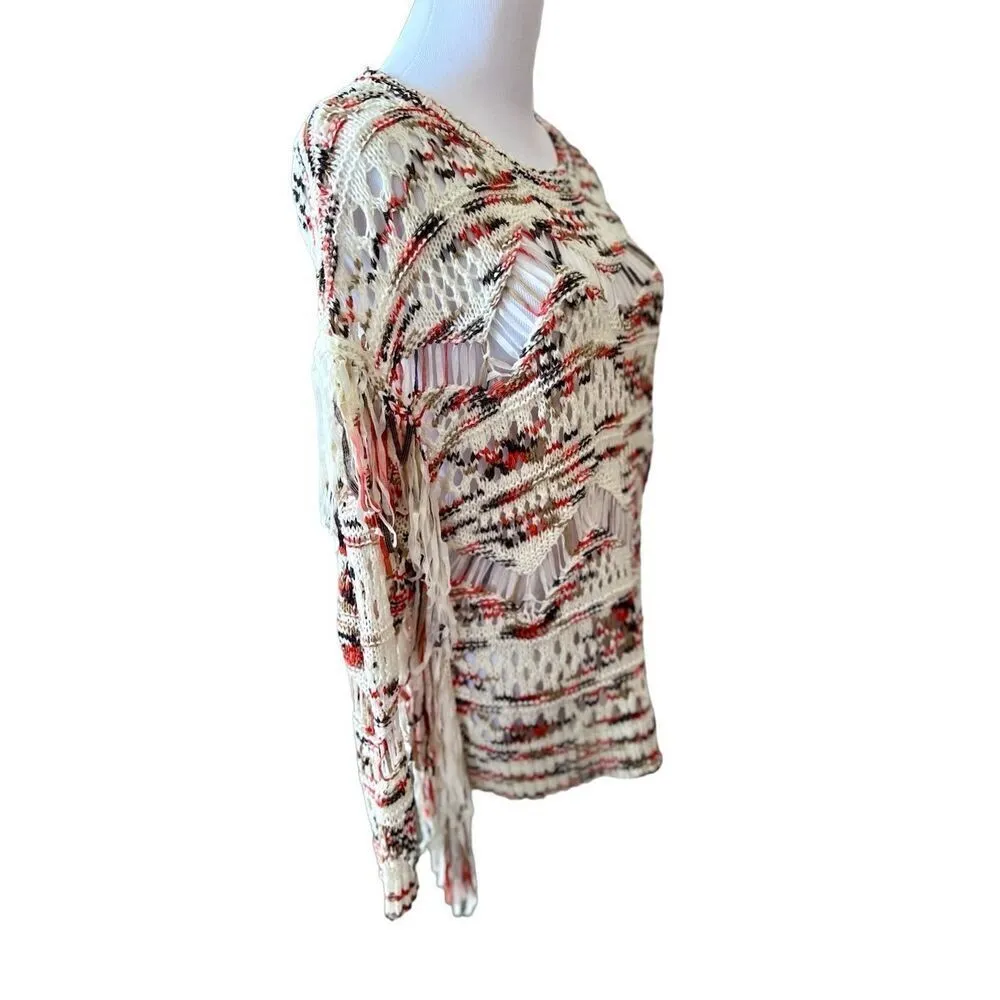 Boston‎ Proper Open Weave Sweater Nylon Fringe Long Sleeves Cream Multi Sz XS - Image 2