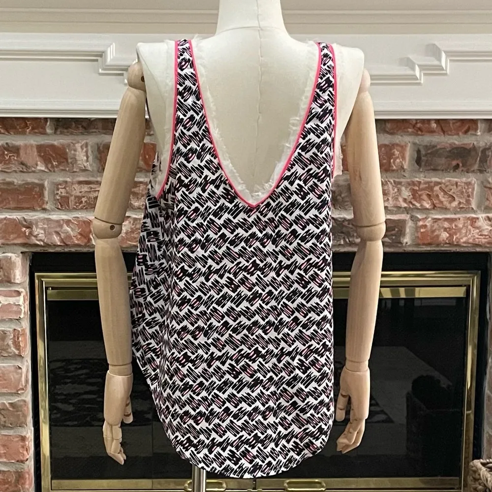 Lush (Nordstrom) abstract black white and neon pink tank w/ fringe / S / EUC - Image 4