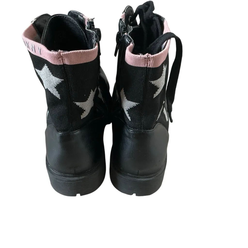 DKNY black with pink knit stars Stassi moto boots youth size 5 women’s size 7 - Image 3
