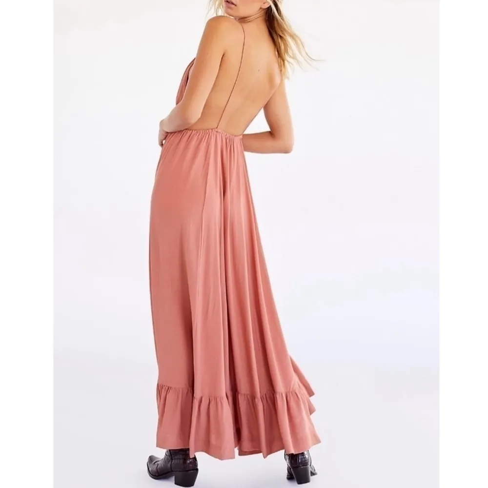 𝅺SWF Ruffle Hem Maxi Dress Deep Plunge Medium Pink - Image 2