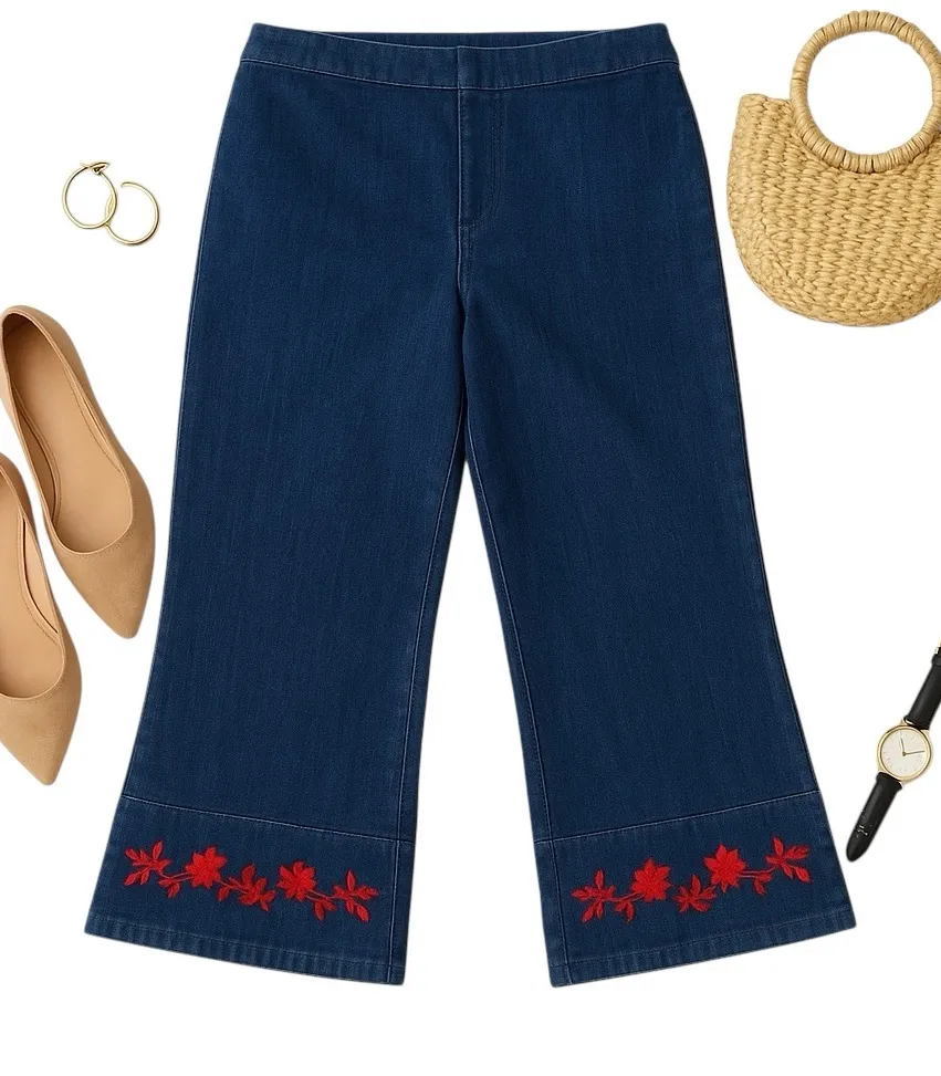 David Paul NY Embroidered Hem Denim Pants 16 Cropped Wide Leg Floral Cuff in EUC Blue - Image 1