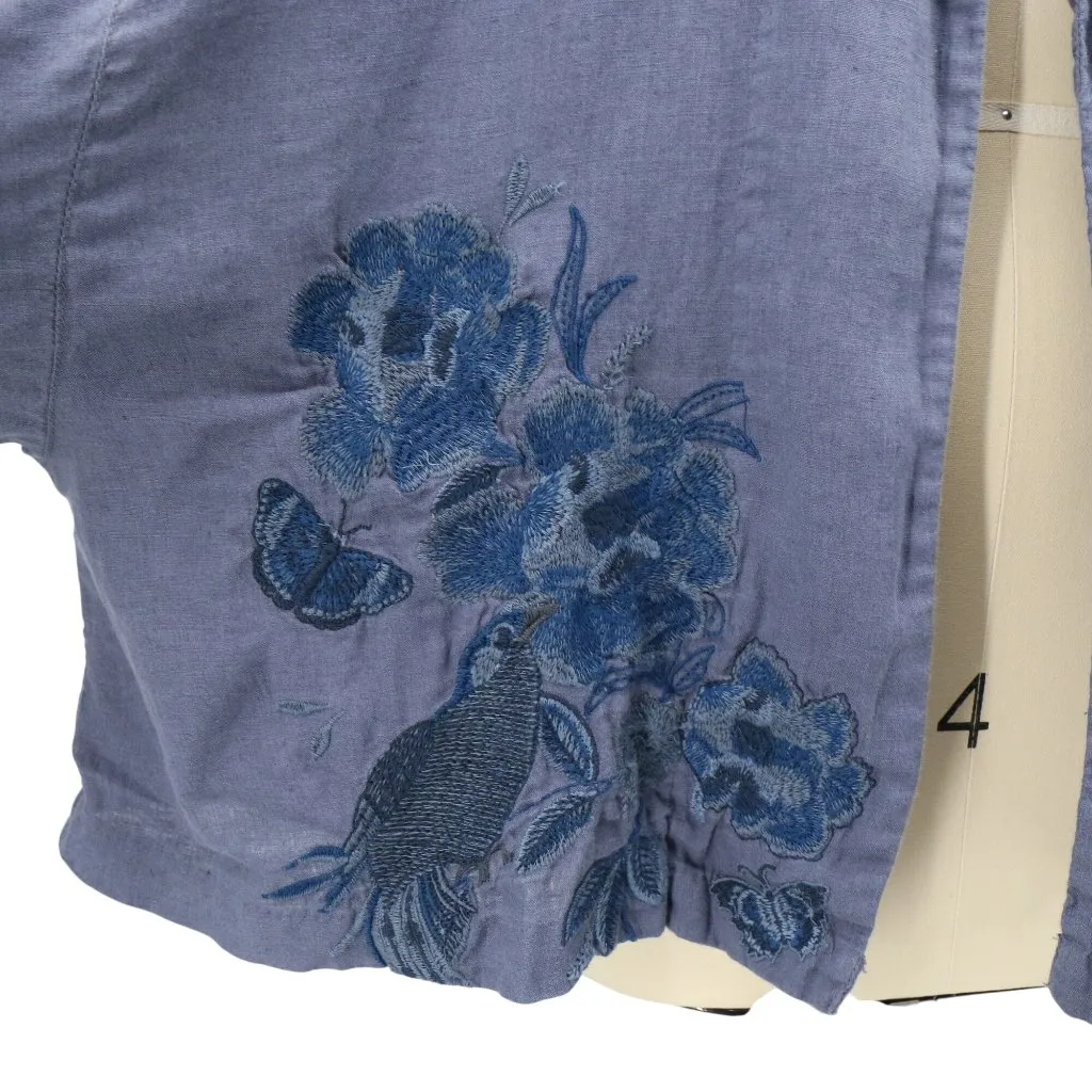 Sundance Linen Floral Bird Embroidered Boho Peasant Kimono Jacket Top Blue L - Image 3