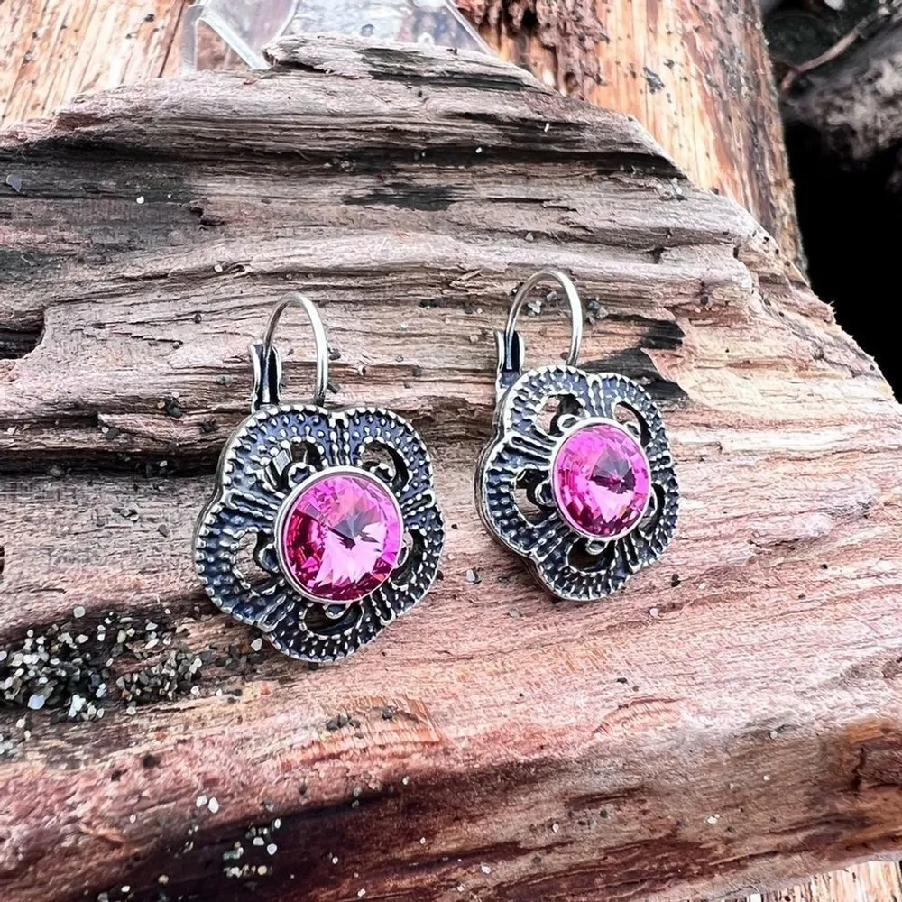 Handcrafted Earrings with sparkly Austrian crystal Pink - Image 2