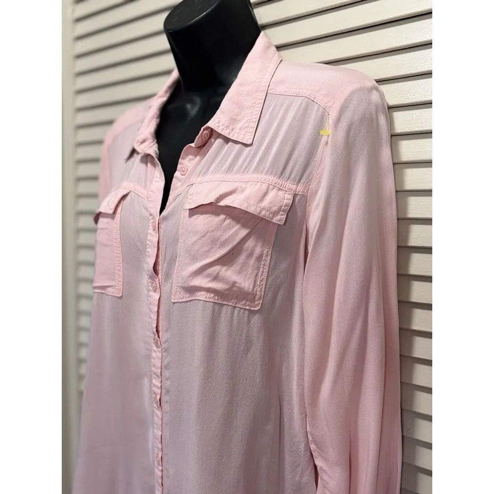A.n.a Pink Button Up Long Sleeve‎ Shirt Pocket Size Large Rayon - Image 2