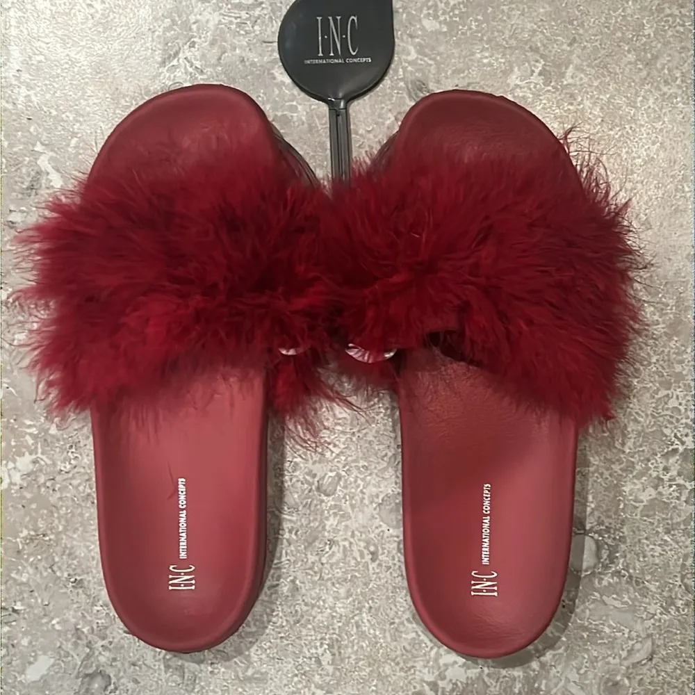 INC Faux-Marabou Slide Slippers in Red, Size XL 11/12 New w/Tag - Image 2