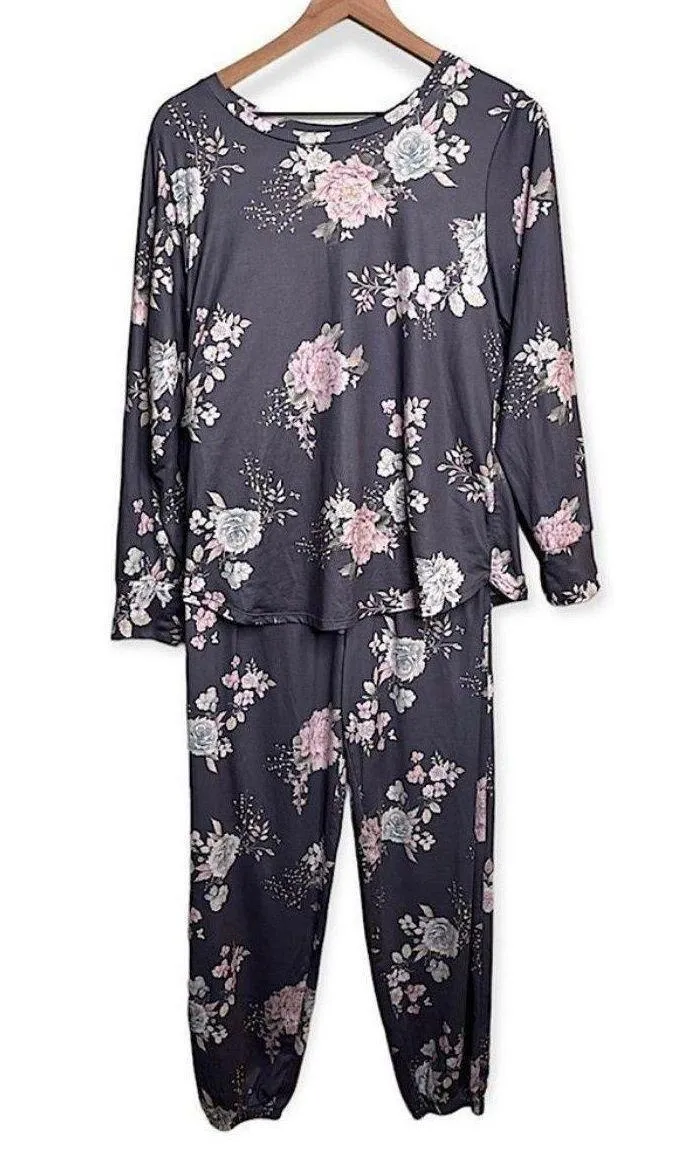 Flora Nikrozz Women’s Floral Pajama Set Pants Top Grey Pink Size Medium - Image 1