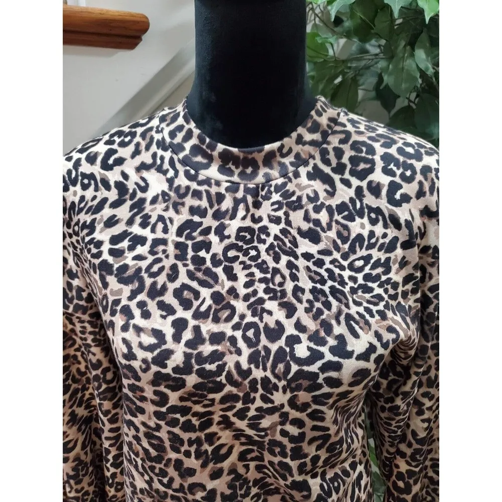 Bershka Womens Brown Animal Print Mock Neck Long Sleeve Top Blouse size Large - Image 2