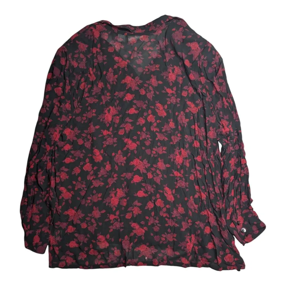 Vtg 1990s Elisabeth Black Red Floral Print Chiffon Collared Button Up Blouse 22 Size undefined - Image 2