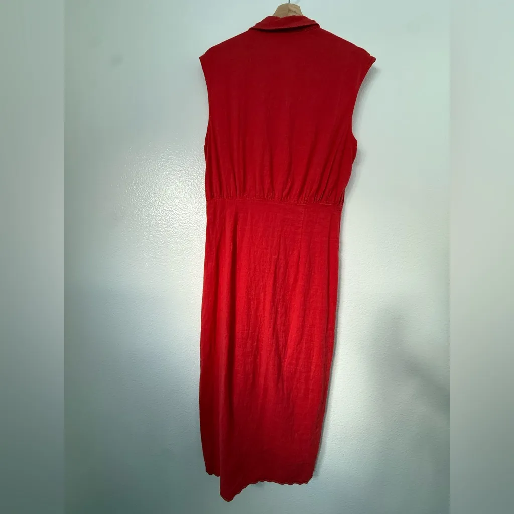 Zara red linen blend midi shirt dress button down sleeveless lagenlook L - Image 5