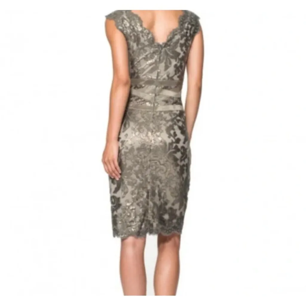 Tadashi Shoji Smoke Lace Sequin Scalloped Sheath Cocktail Dress Size 4 - Image 2
