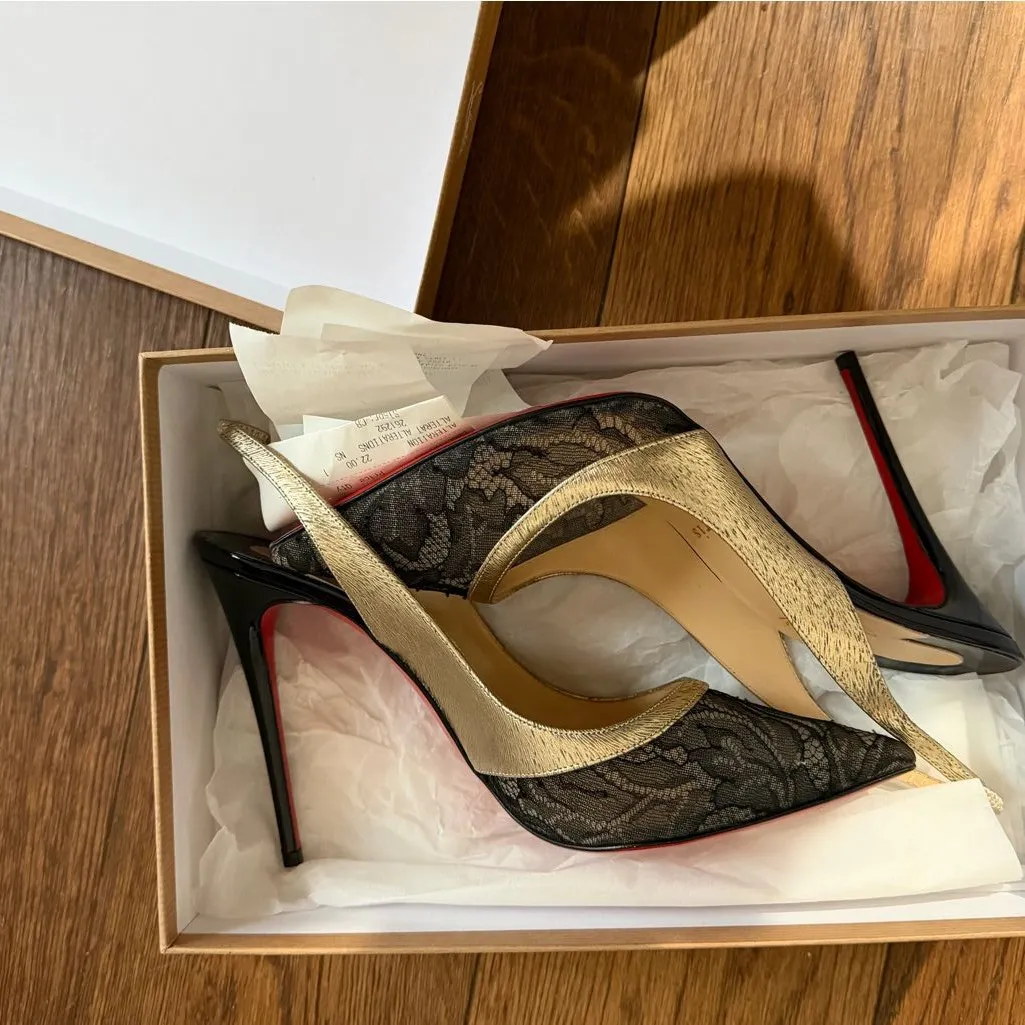 Christian Louboutin Lace Metallic Calfskin Slingback Pumps size 39.5 - Image 12