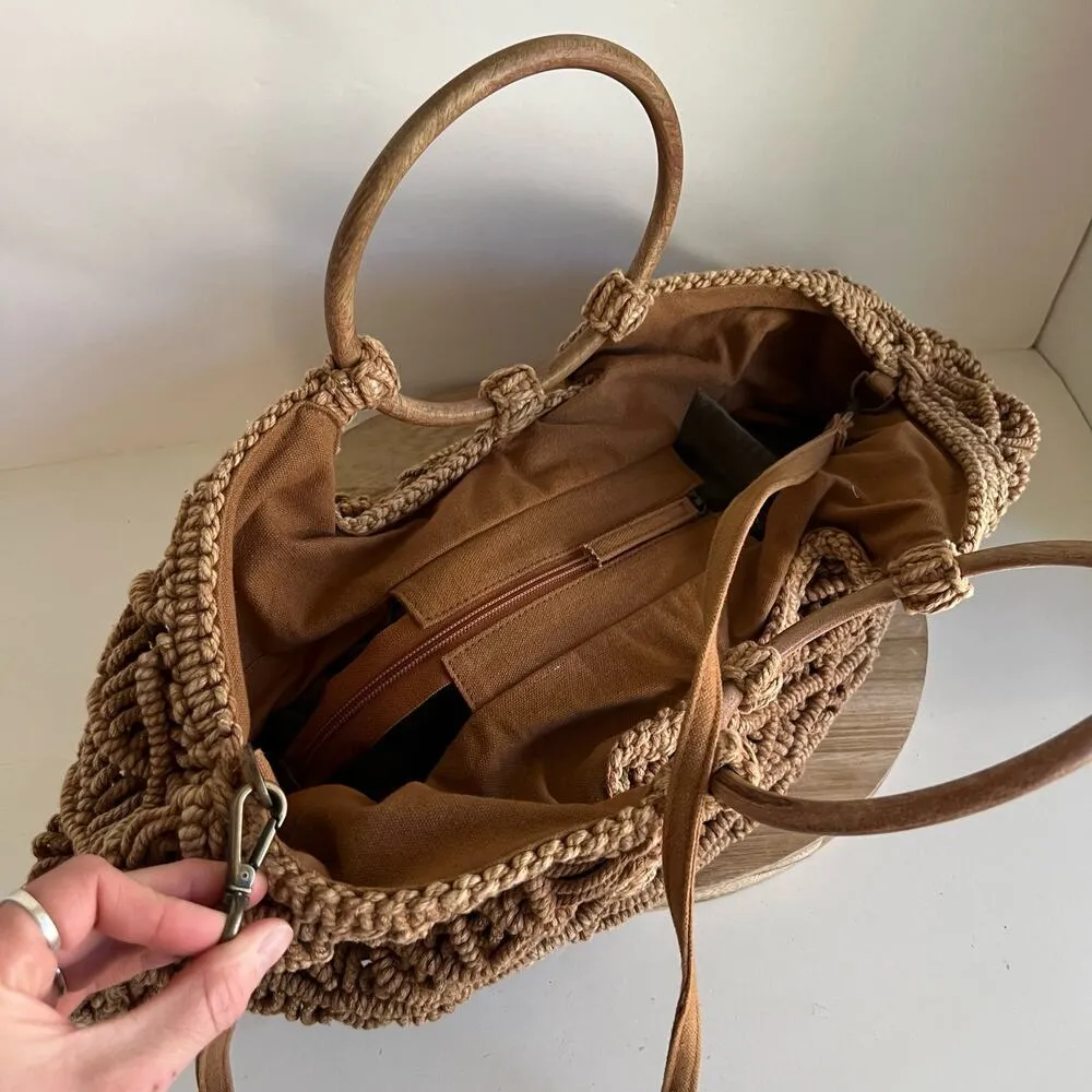 Free People Brown Point Break Macrame Multi-Way Wooden Handle Bag - Image 7