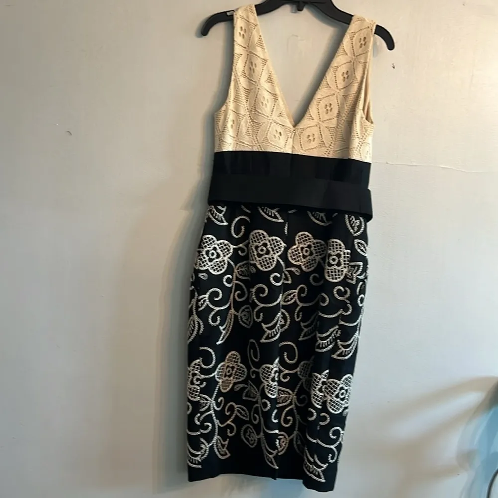 Kay Unger Embroidered Lace Linen Blend Dress Black Cream Belted Cocktail Size 2 - Image 5