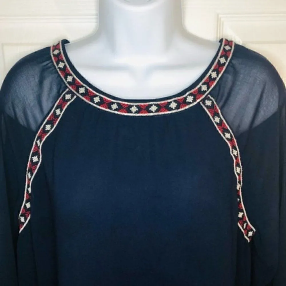 SKIES ARE BLUE Embroidered Mesh Blouse  Long sleeve Navy Blue and Red Top M - Image 4
