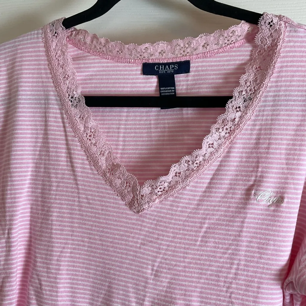 CHAPS SZ XL pink/white Stripe Long Sleeve Shirt W/ Lace Top Blouse - Image 3