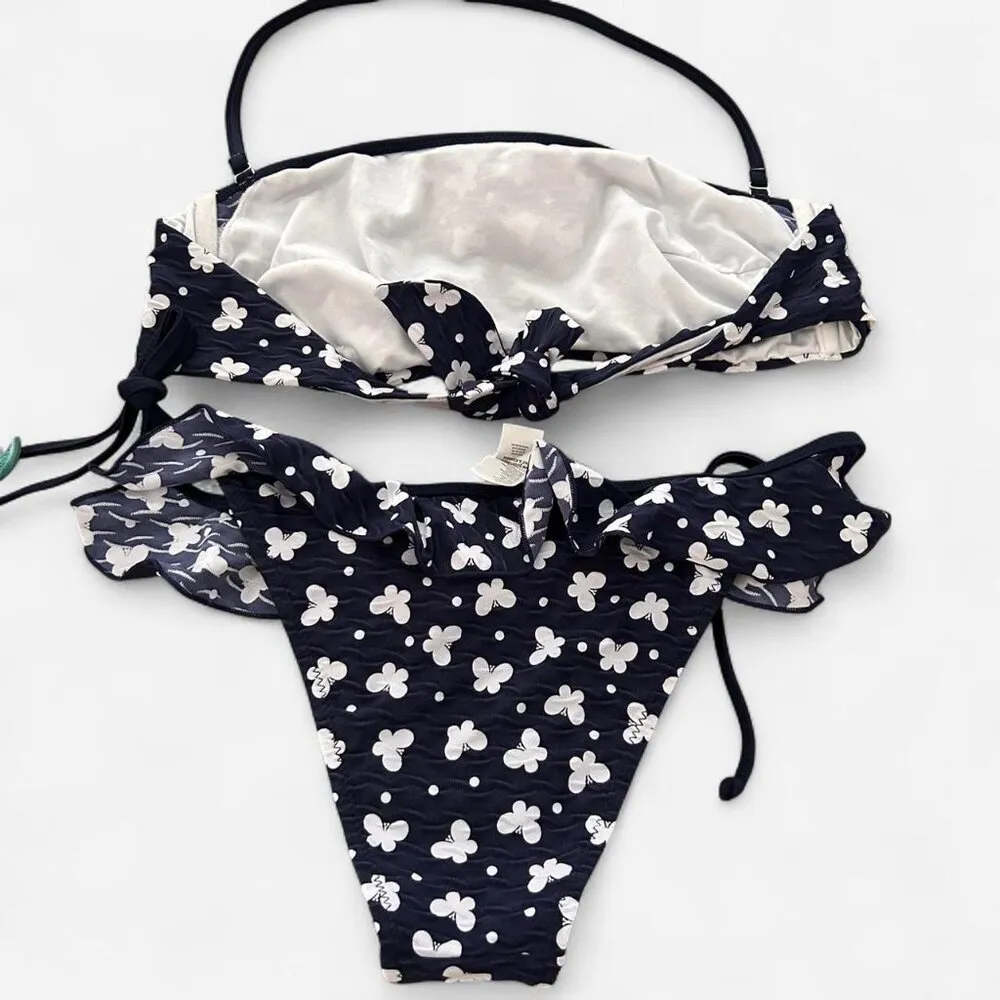 Navy white girly Cottagecore dainty polka dot butterfly ruffle tie halter bikini - Image 6