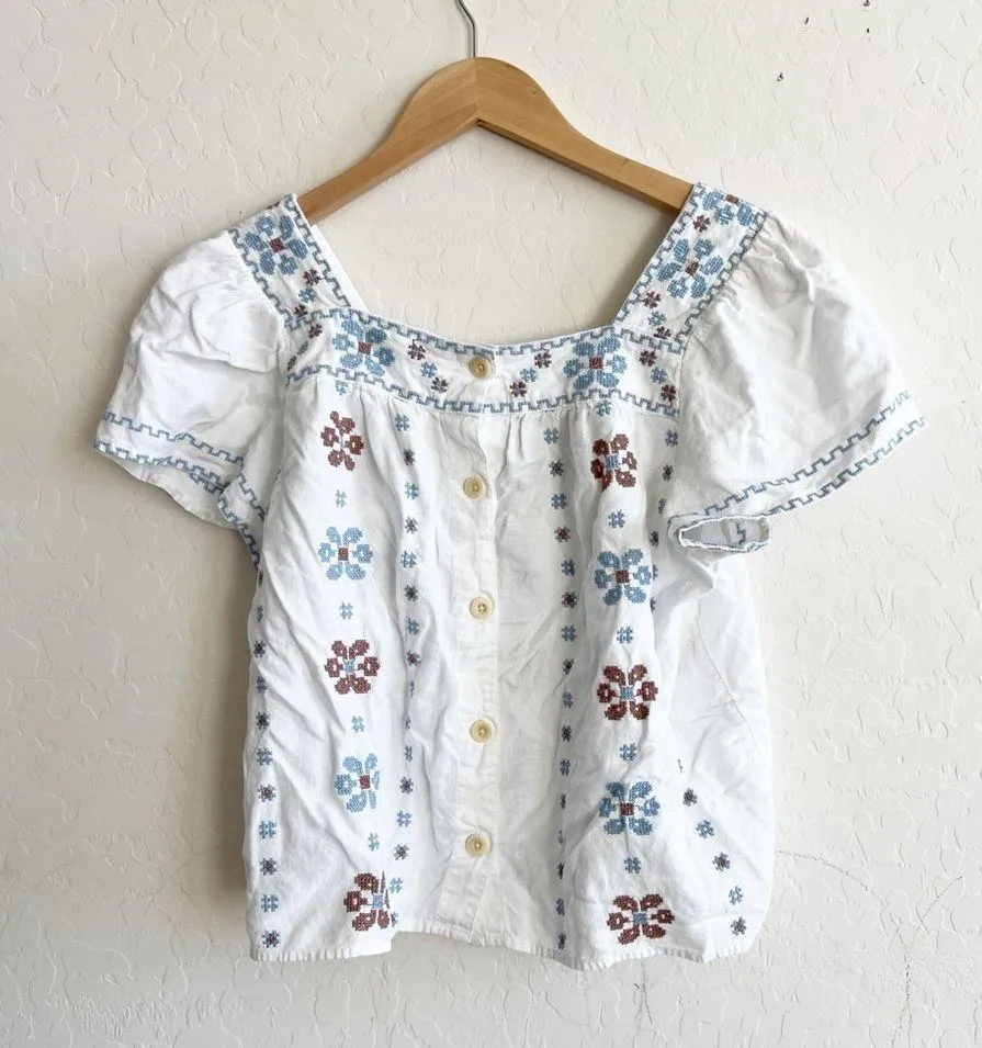 Madewell Cross Stitch Top Shirt NF217 white blue brown - Image 6