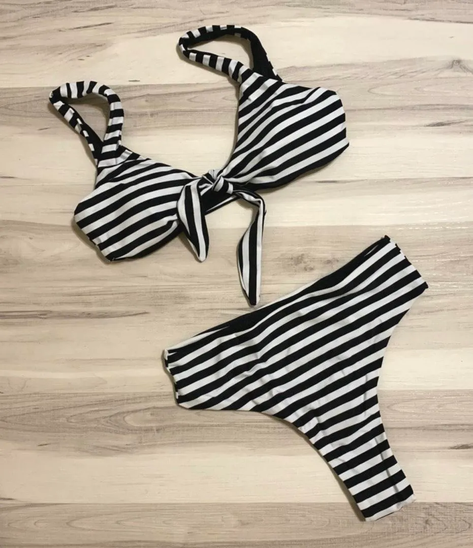 Black & white striped high waisted bikini - Image 4