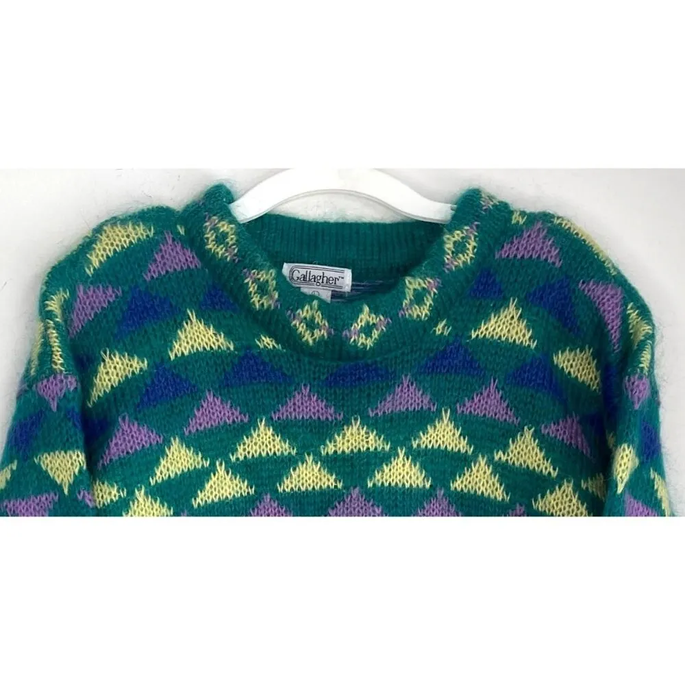 Vtg 80s Gallagher Mohair Wool Blend Sweater Geometric Hong Kong Size L Green Size L - Image 2