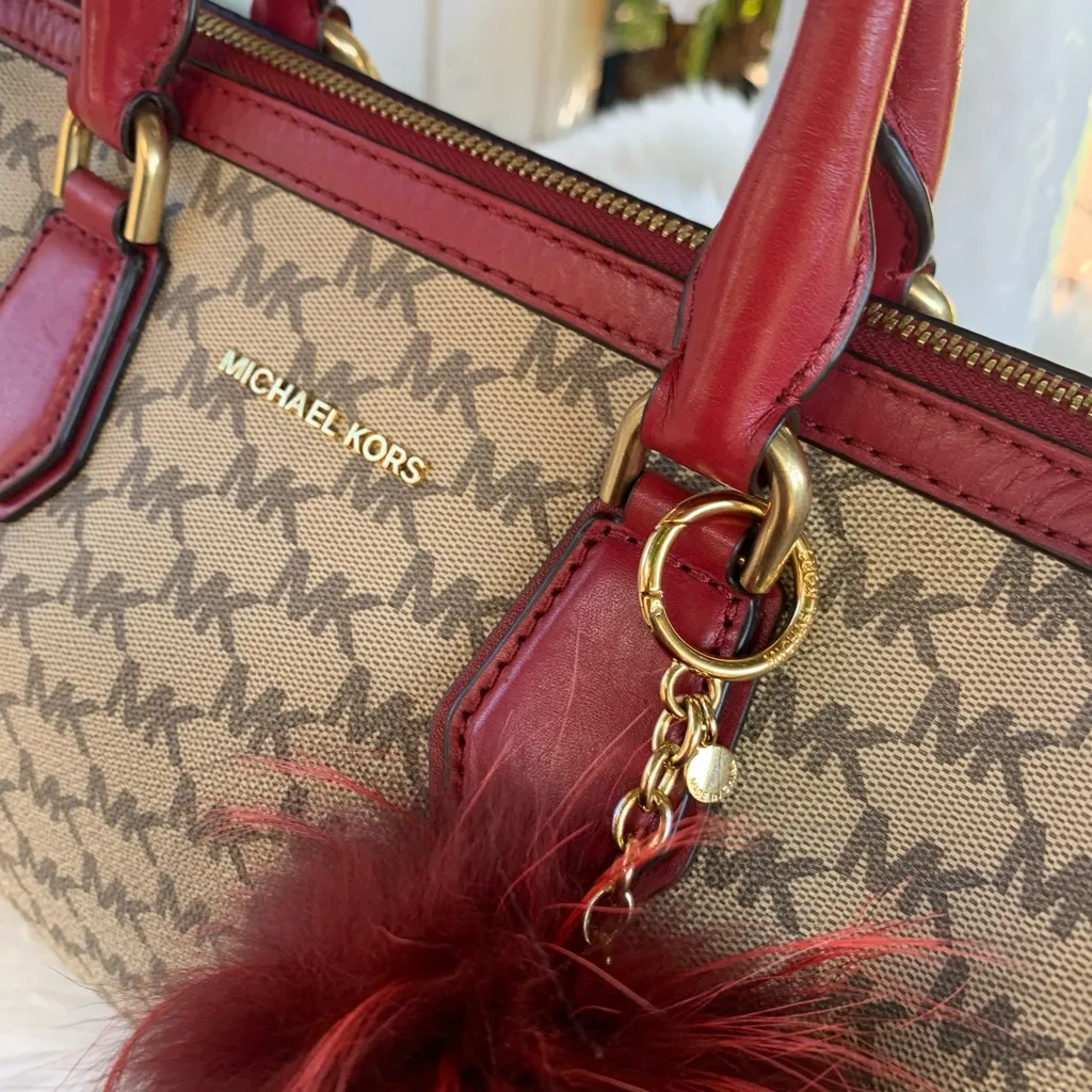 Michael Kors Mercer Medium Duffle Satchel  Cherry Red/Tan Leather - Image 9