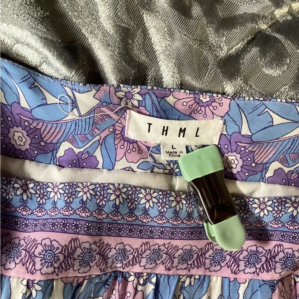 THML Purple Pink Square Neck Tropical Flamingo Floral Midi Dress Large - Image 9