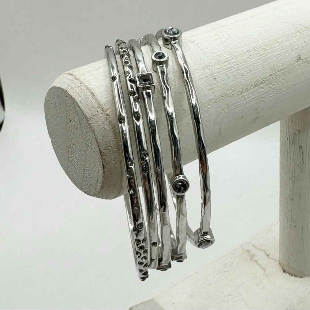 Loft Silver tone hammered rhinestone studded bangle bracelet stack of 5 - Image 6