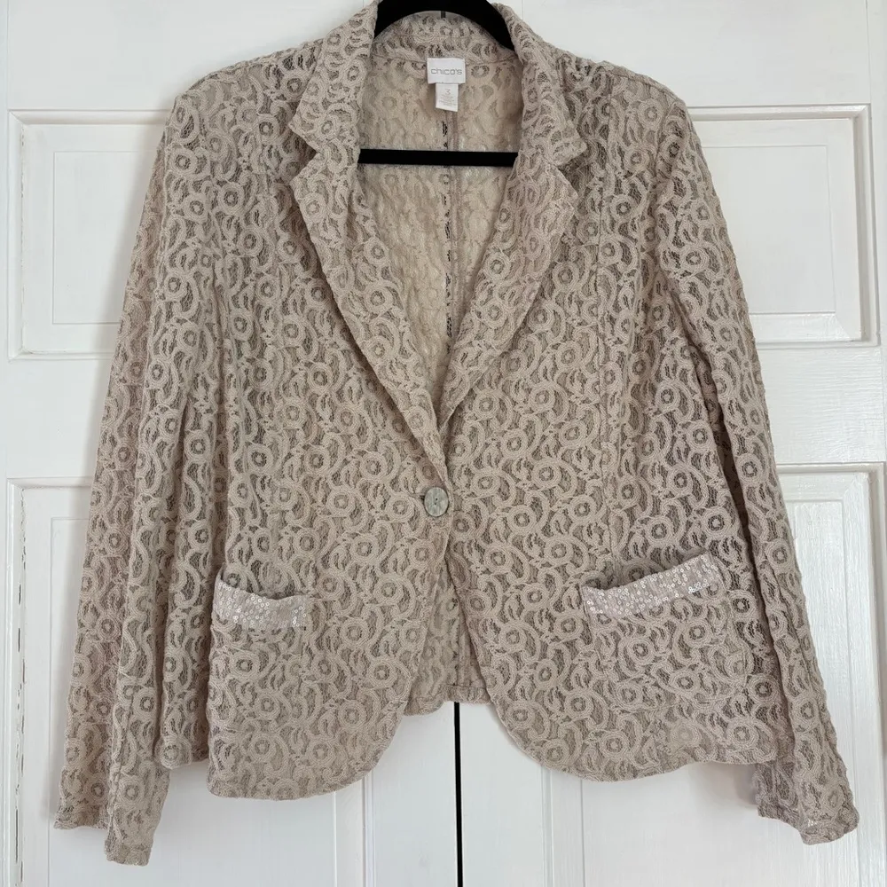 Chico's Size 3 Cream Cropped Blazer Lace Sequin Jacket‎ Formal Chicos Size XL - Image 2