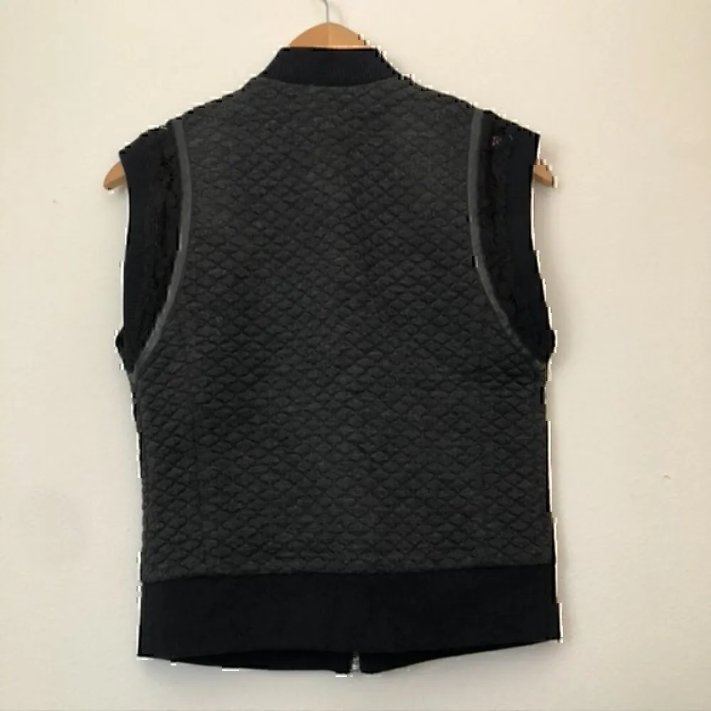 REBECCA TAYLOR Solid Black Quilted Bomber Vest Faux Leather Lace Trim Full Zip - Image 11