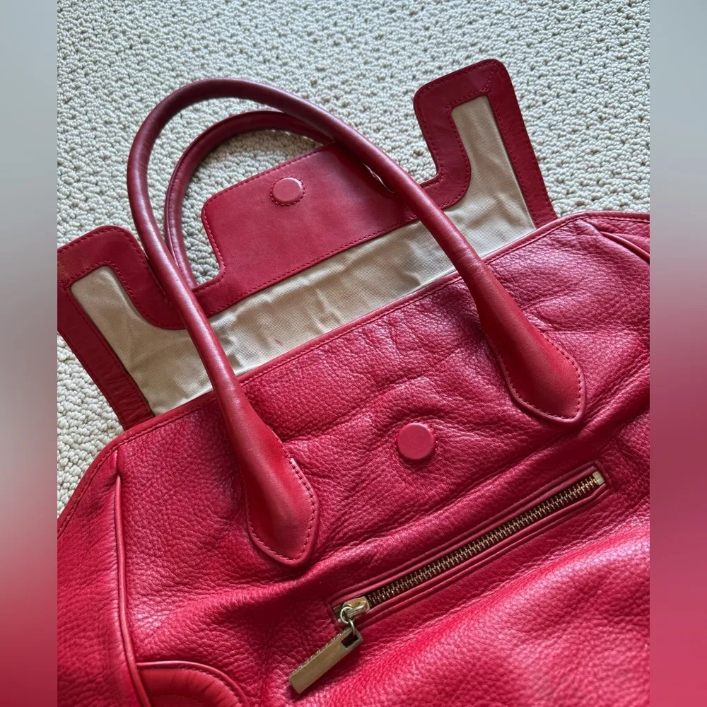 Tory Burch Edye Satchel Purse Shoulder Bag Red Leather Gold Classic Pebbled - Image 8