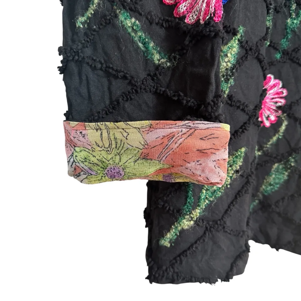 Vintage Roaman's Black Jacket Vibrant Floral Embroidery Yellow Blue Pink Large - Image 5