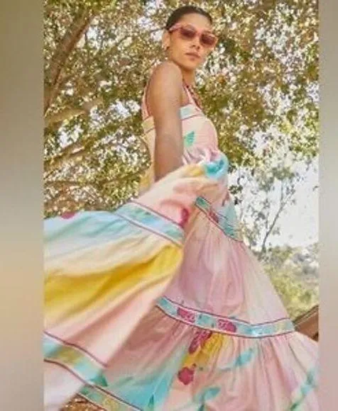 HUNTER BELL Multicolored Floral Rita Gradient Empire Waist Flowy Midi Dress XS - Image 1