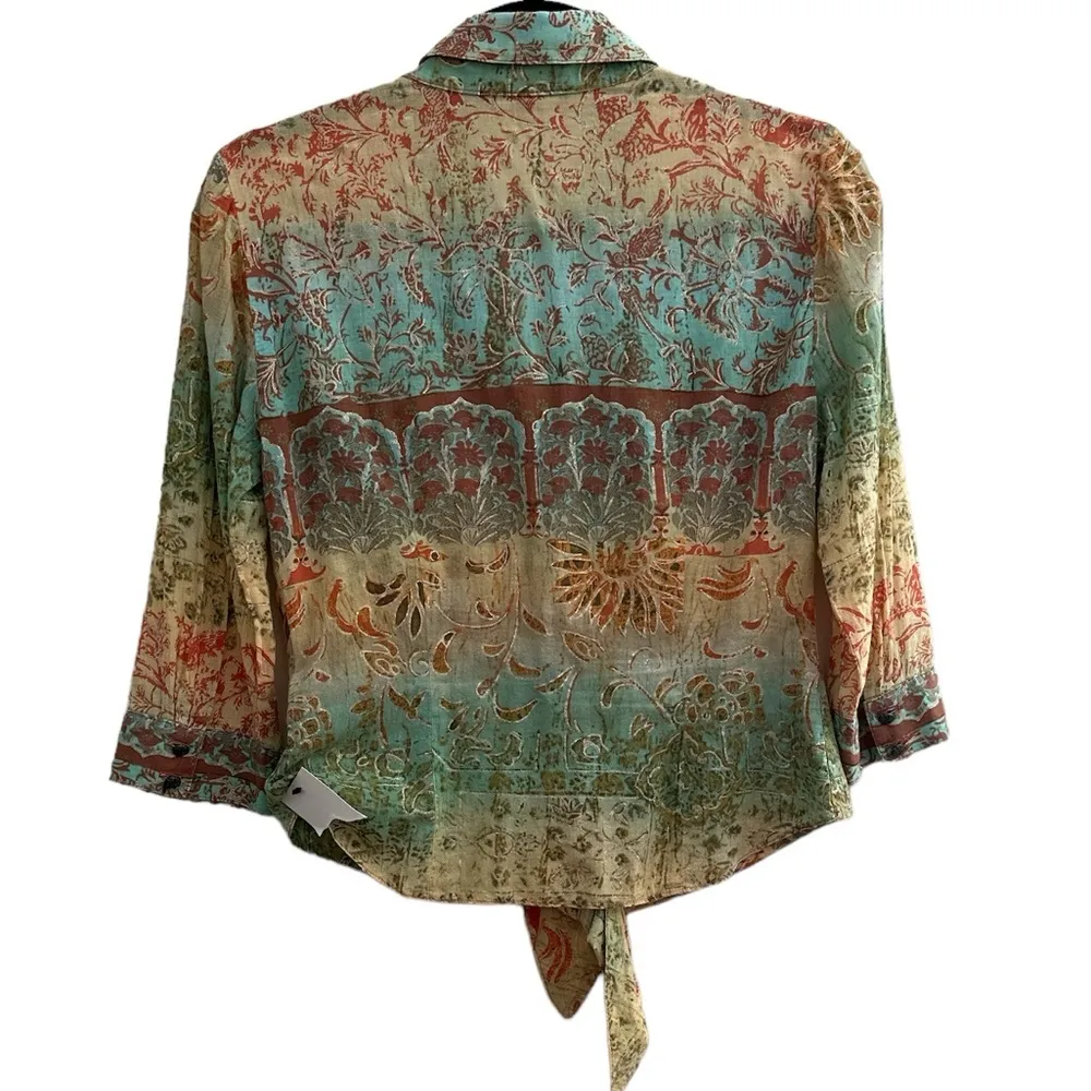 David Meister BOHO BUTTON DOWN TIE 3/4 SLEEVE METALLIC THREAD CROP TOP BLOUSE 6 - Image 2