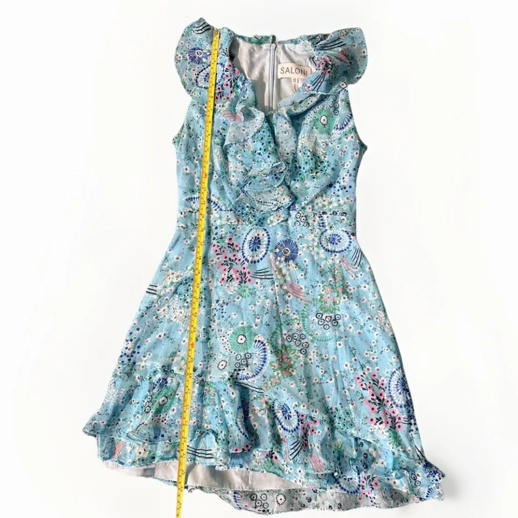 Saloni Tilly Blue Print Floral Silk Shirt Dress Sorrel Teal Bloom Womens Size 4‎ - Image 12