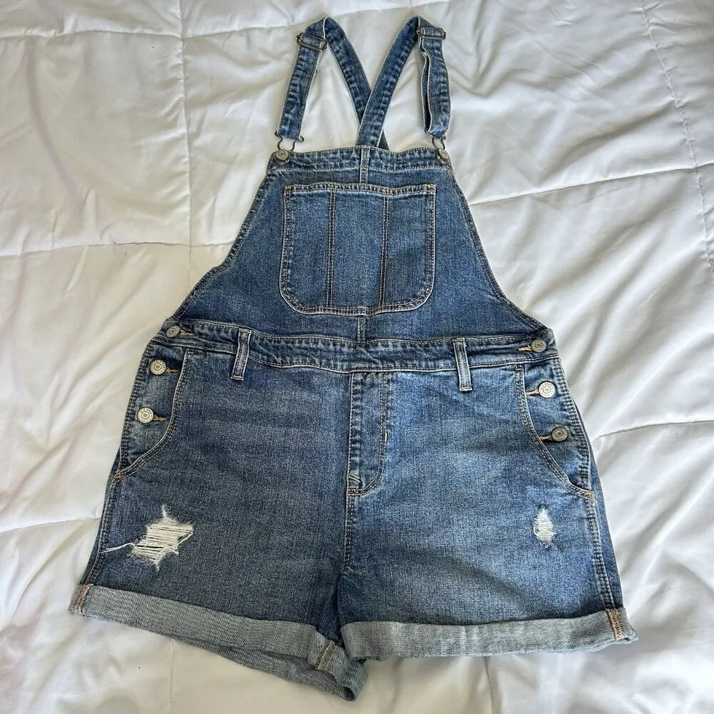 OLD NAVY Womans Medium Denim Overall Shorts Blue Distressed Casual Summer - Image 6