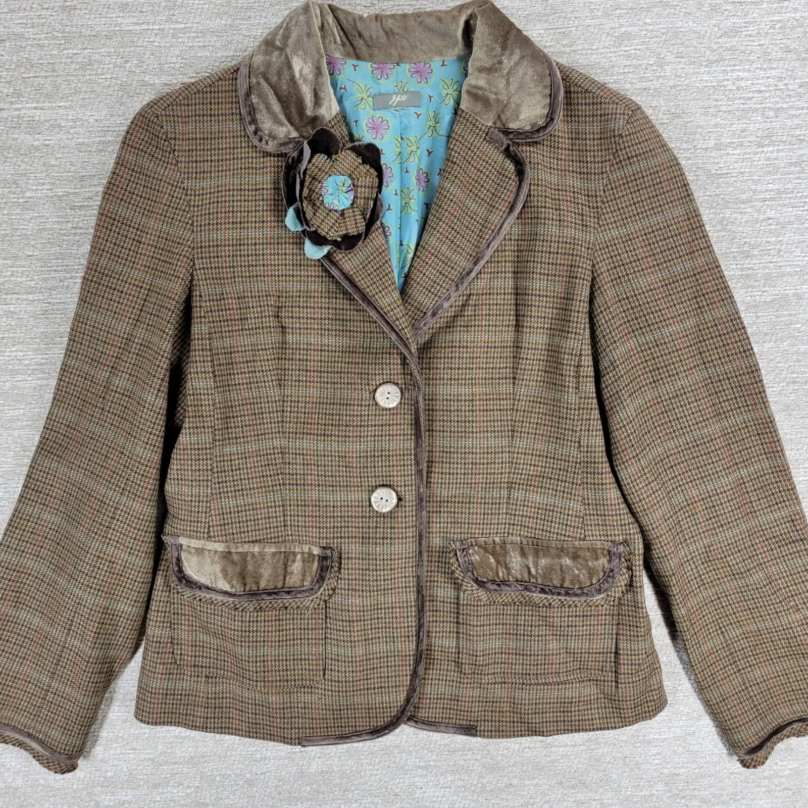 J Jill Herringbone Tweed Blazer XS Tan Brown Teal Wool Blend Flower Accent Size M - Image 2