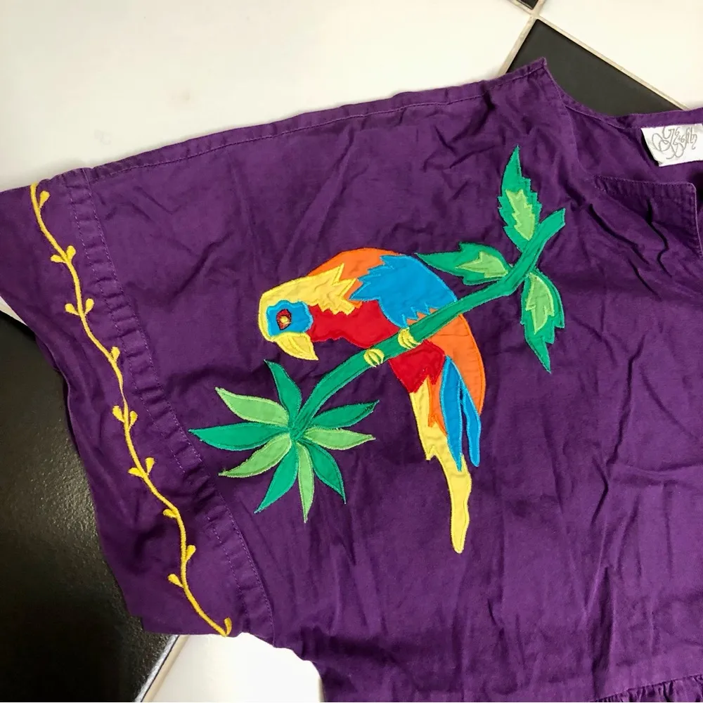 Vintage 70s Embroidered Midi Dress Parrot Bird Floral Oversized Mexican Tropical Purple - Image 4