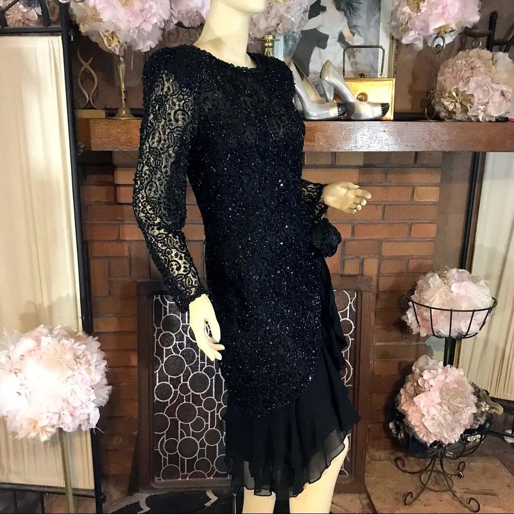 VINTAGE OLEG CASSINI BLACK SEQUIN SILK RUFFLED COCKTAIL DRESS (6) - Image 5
