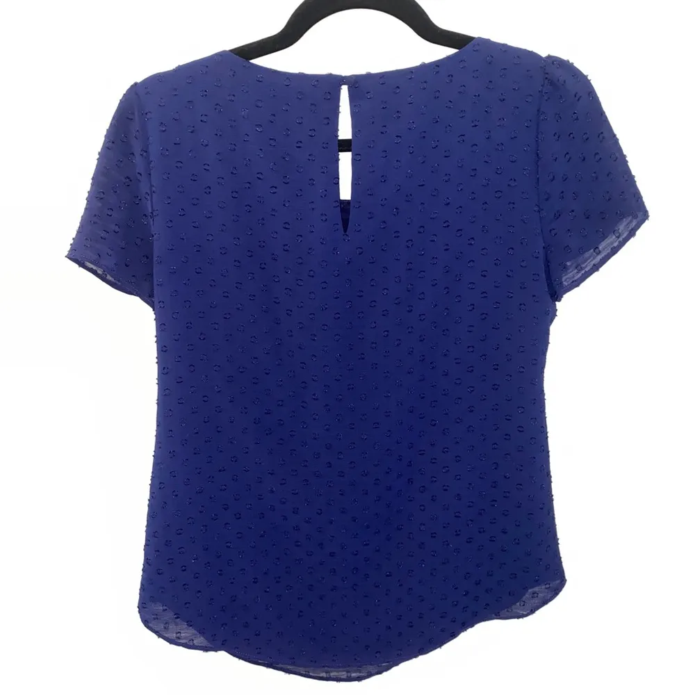 WHBM Navy Blue Short Sleeved Textured Swiss Dot Polka Dot Blouse Top Size 2 - Image 4