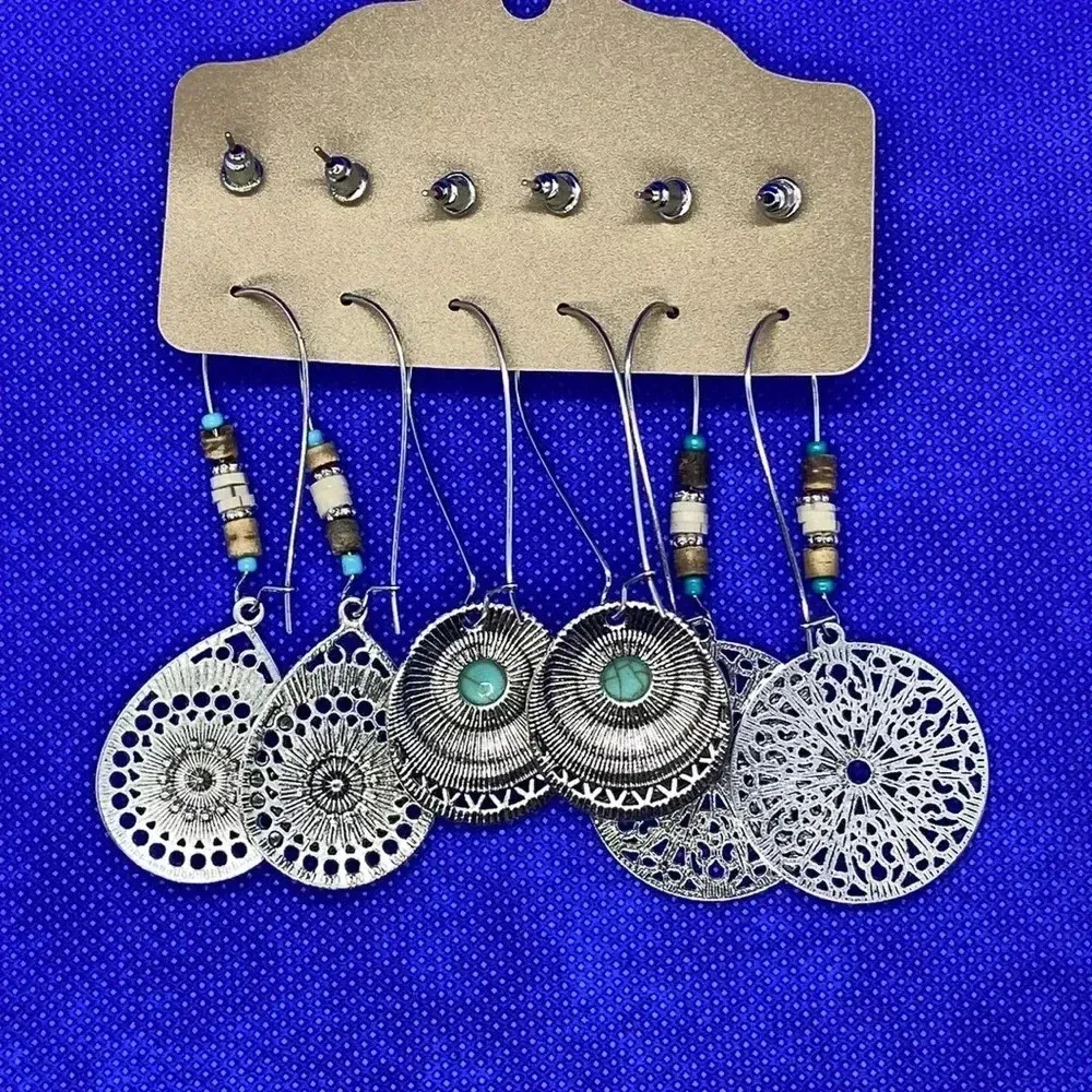 New silver tone boho western faux turquoise earrings 6 pack bohemian - Image 4