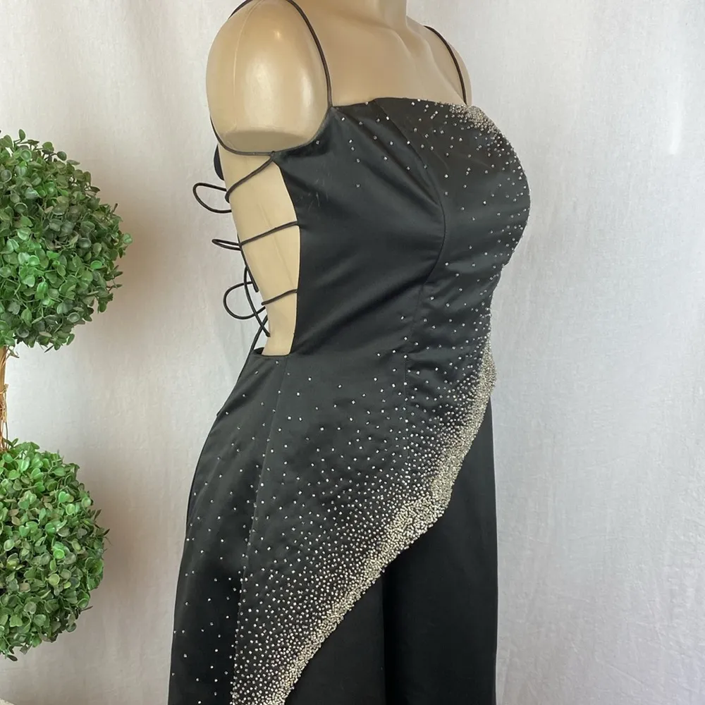 Cache Black & Sliver Maxi Formal Spaghetti Strap Rhinestone Embellished Dress 4 - Image 3