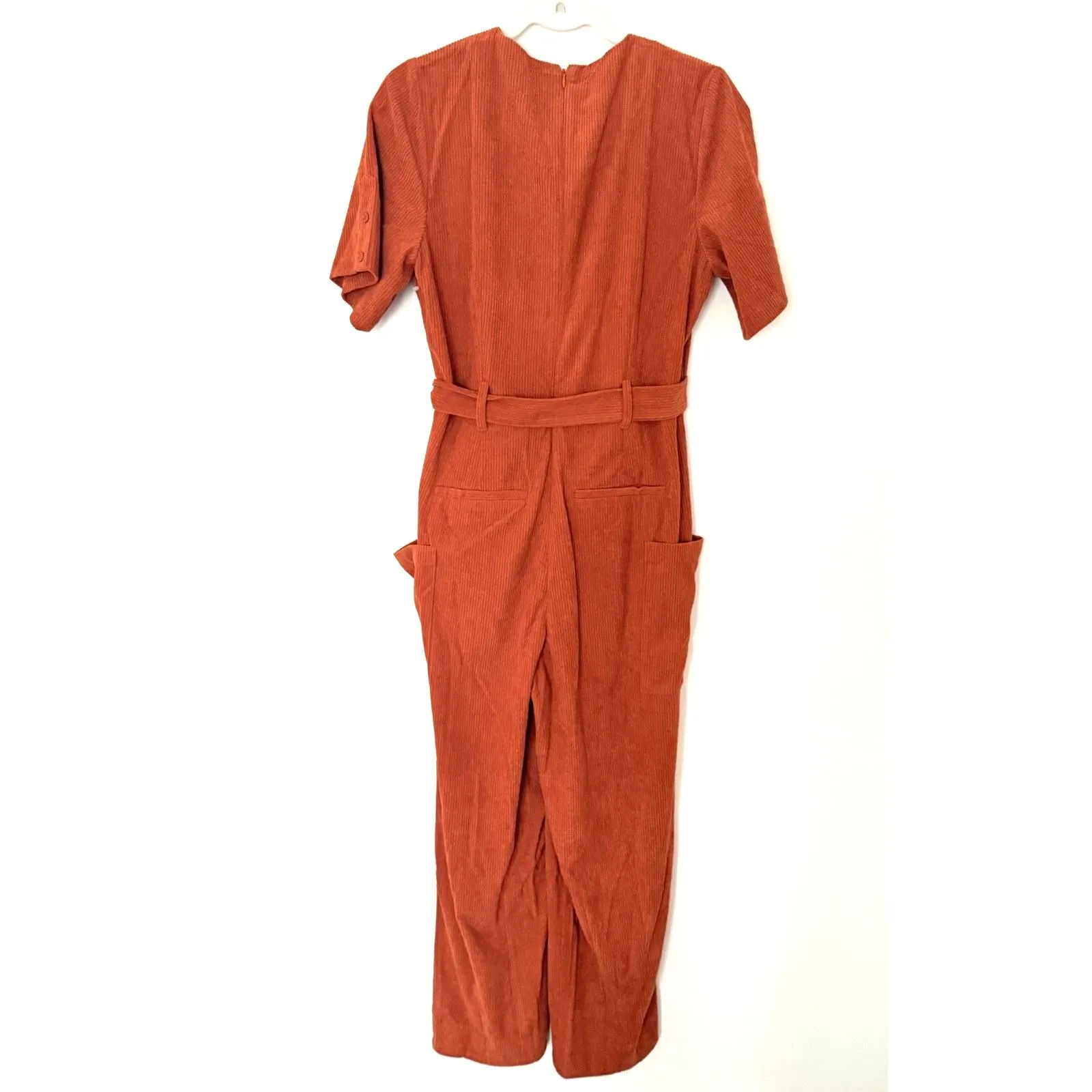 NWOT Du Paradis Corduroy Belted Rust Short Sleeve Tapered Leg Jumpsuit Sz M Orange Size M - Image 3