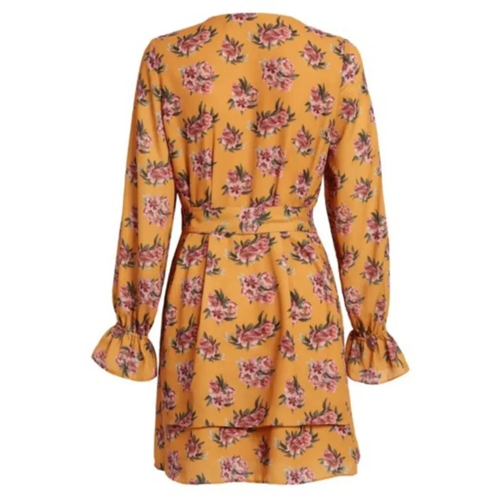 NA-KD Yellow Floral Dress Belted V-Neck NWT size 8 (b14) - Image 2