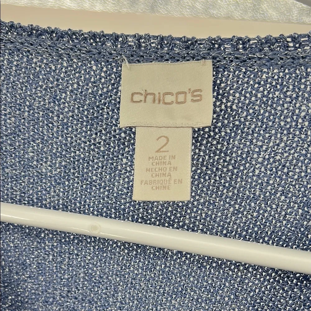 Women's Chicos Top 2 L Sm Blue Metallic Knit Asymmetric Hem Stretch casual work - Image 4