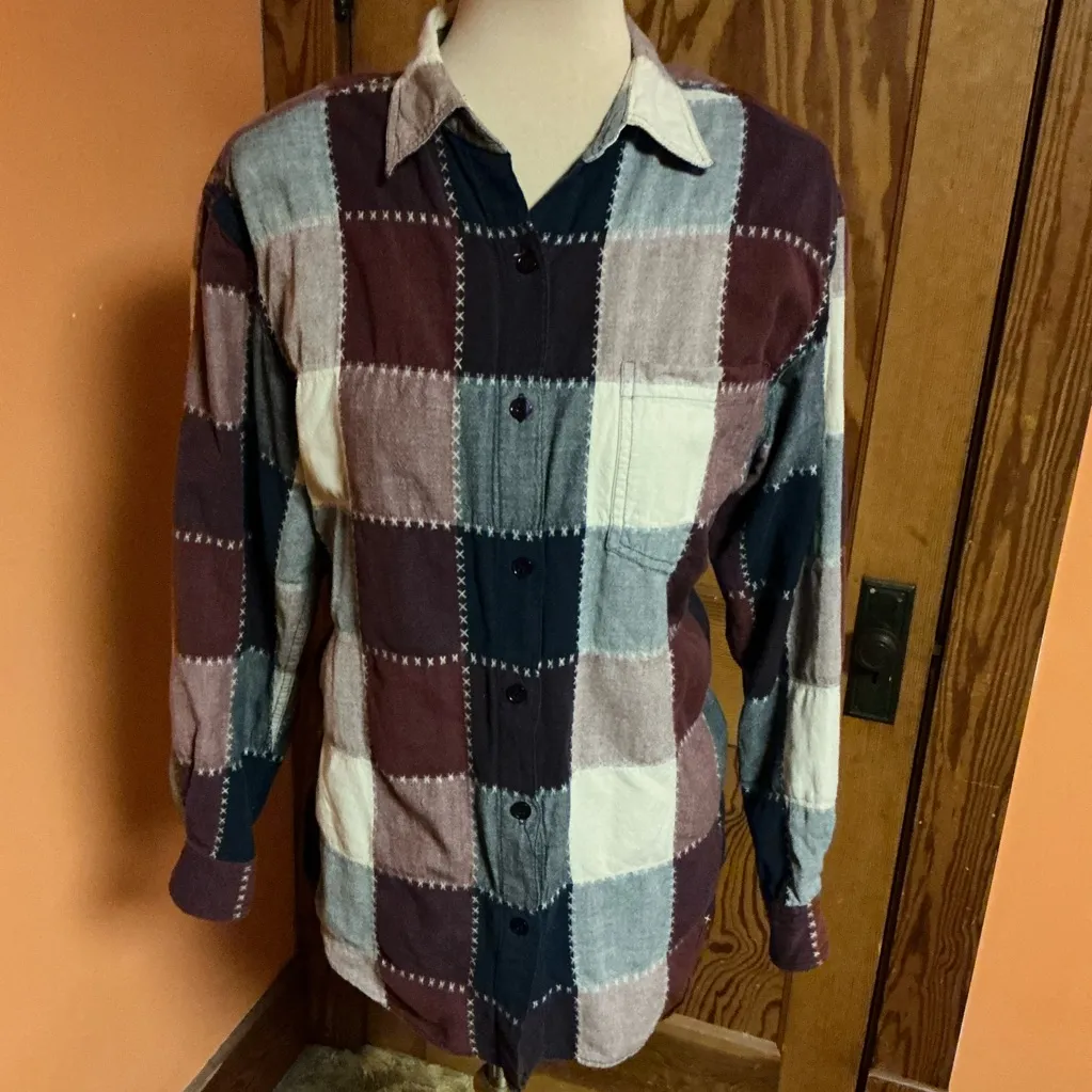 Vtg 90s Multicolor Patchwork Button Down Shirt Size L - Image 9