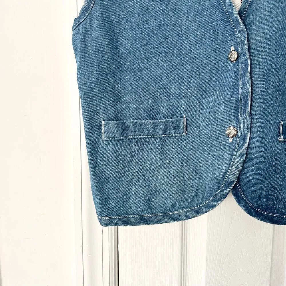 Metro Express Vintage Denim Chambray Red Plaid Flannel Back Button Vest L 14/16 Blue Size L - Image 3