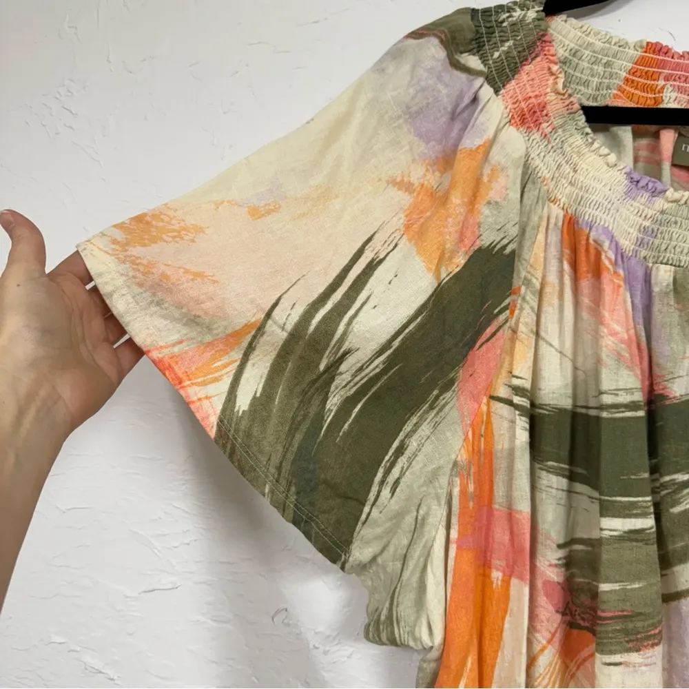 Naturals Linen Blend Orange Green Blouse Womens 5X Boho Beachy Lightweight Top - Image 2