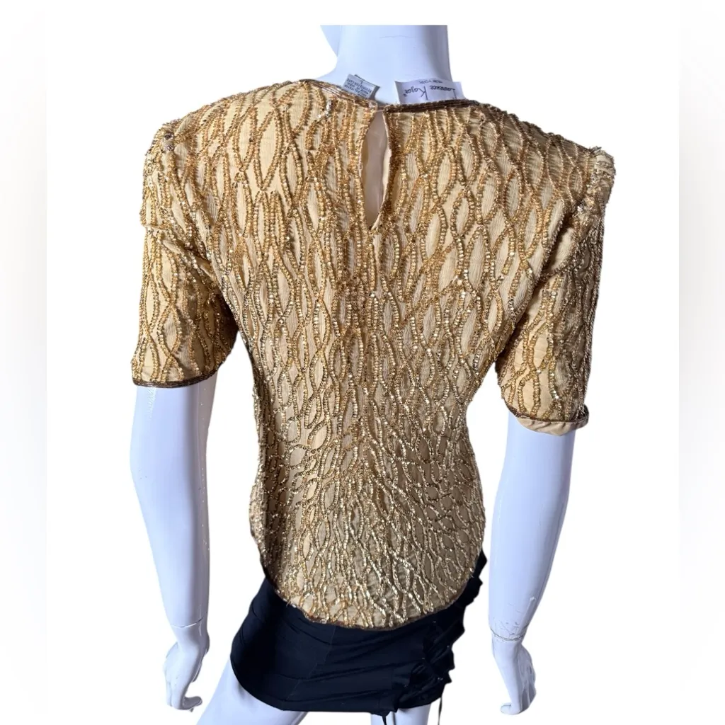 Vintage‎ Lawrence Kazar silk Gold Sequin Women's Top Large (8) - Image 5