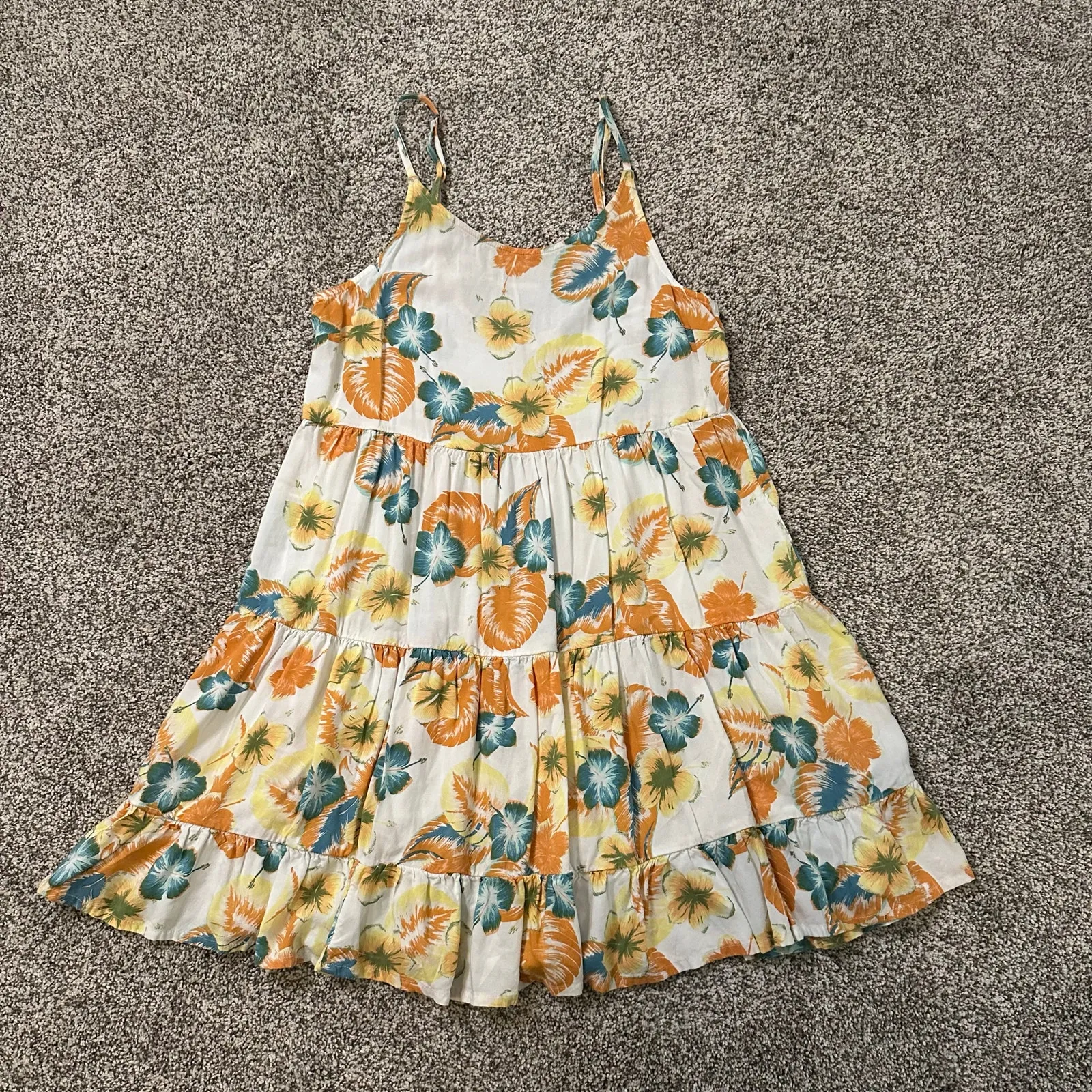 Roxy white, yellow, orange & blue floral sleeveless mini sun dress size S - Image 6