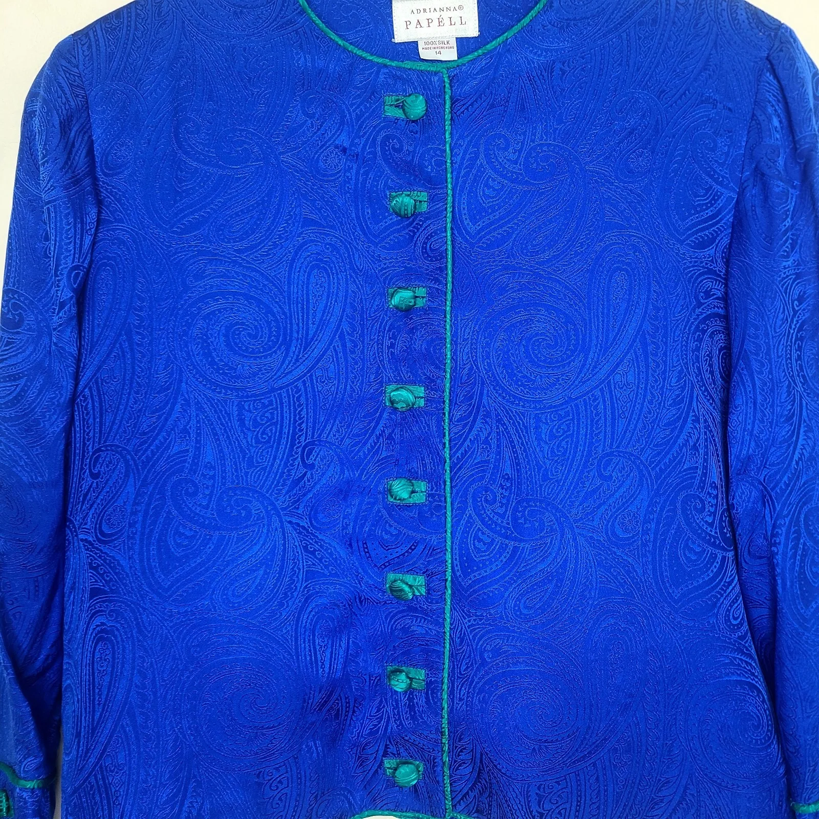 Vtg Adrianna Papell Womens Blue Green Trim 100% Silk Jacket Blazer 14 Retro Chic - Image 2