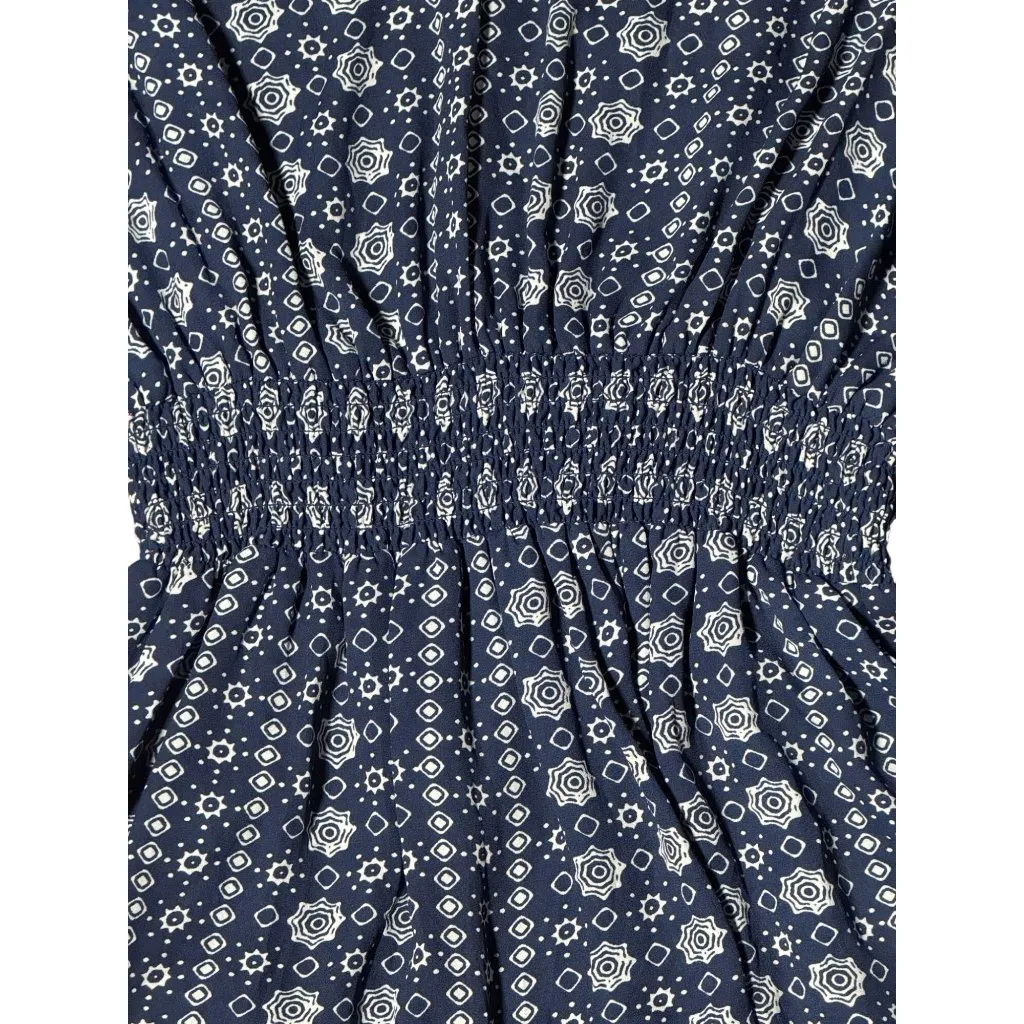 JACK Womens S Blue White Geometric Pattern V-Neck Smocked Waist Long Sleeve Top - Image 7